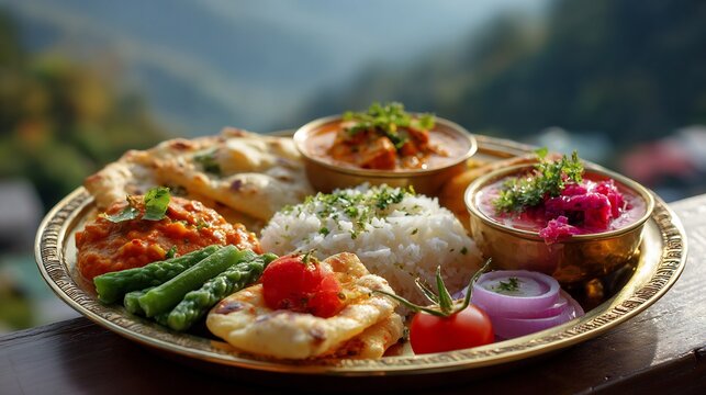 Classic Indian thali curry rice naan and vegetables on brass plate background Himalayan foothills with morning mist soft natural light vibrant colors