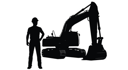A construction worker stands beside a large excavator both depicted as dramatic black shapes silhouette high quality professional detailed © Pvect02