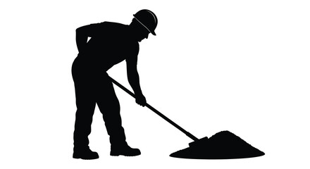 A stark black silhouette depicts a construction worker diligently digging with a shovel against a clean white background silhouette © Pvect02
