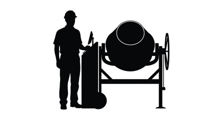 A construction worker stands beside a black cement mixer showcasing industry tools and labor in a striking silhouette © Pvect02