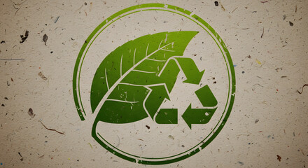 Obraz premium Eco friendly recycling symbol with green leaf on recycled paper background