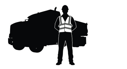 A construction worker stands proudly before a large truck both depicted as a striking black silhouette high quality professional © Pvect02