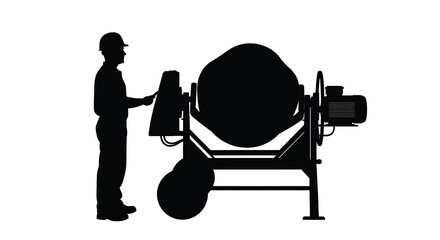 A construction worker stands beside a large concrete mixer depicted as a striking black shape silhouette high quality professional © Pvect02