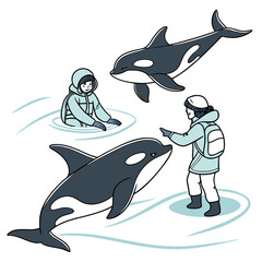 Of people interacting with orcas in water calm interaction © ggg