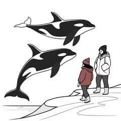 Two orcas swimming near ice shore with two people observing © ggg