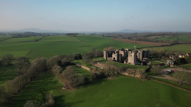 Medieval castle ruins in Wales, drone flight