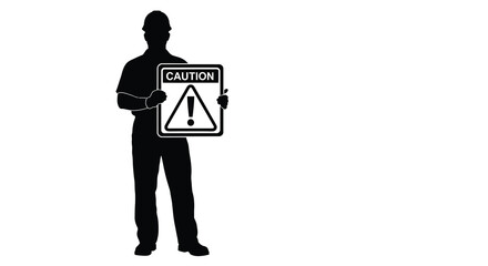 A solitary worker stands holding a caution sign emphasizing workplace safety with a striking dark silhouette high quality professional © Pvect02