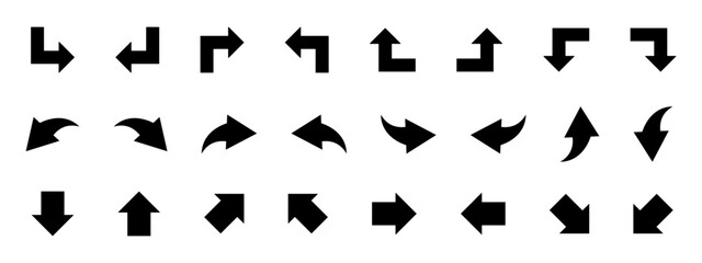 A comprehensive collection of diverse black arrow icons in various shapes and directions, suitable for navigation and interface design.