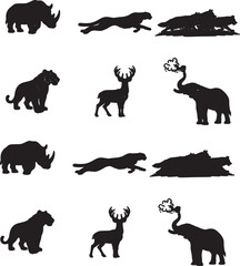 A comprehensive collection of black wild and farm animal silhouettes featuring a vector set of a lion, elephant, horse, and wolf icons for wildlife nature illustrations