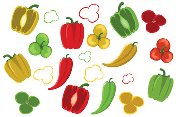 Fototapeta premium Sweet bell pepper set in orange, yellow, green and red colors. Fresh colorful vegetables for culinary and design projects.