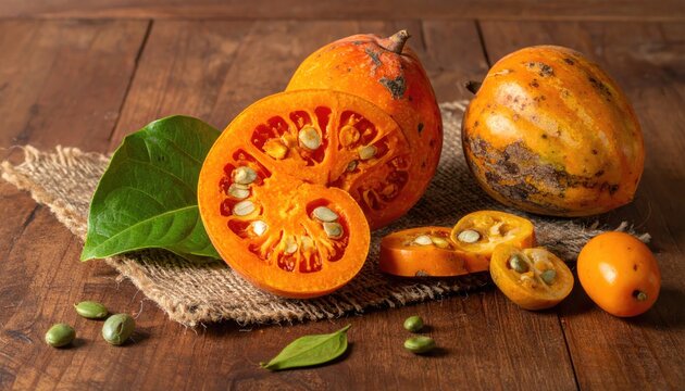Bright orange tinda squash on burlap sack with seeds and green leaf cut fresh tindsi vegetable on brown wooden background