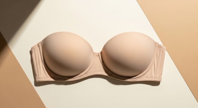 Beige strapless bra, center frame, on cream and beige surface, shadowed
