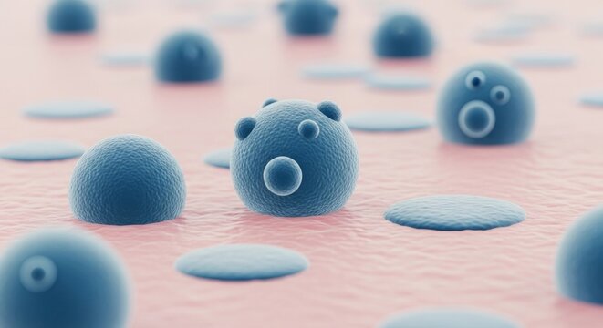Blue spheres, some with smaller spheres, on a pink undulating surface