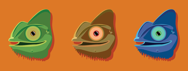 Fototapeta premium Chameleon lizards with vector set with cartoon reptile animals in three colors