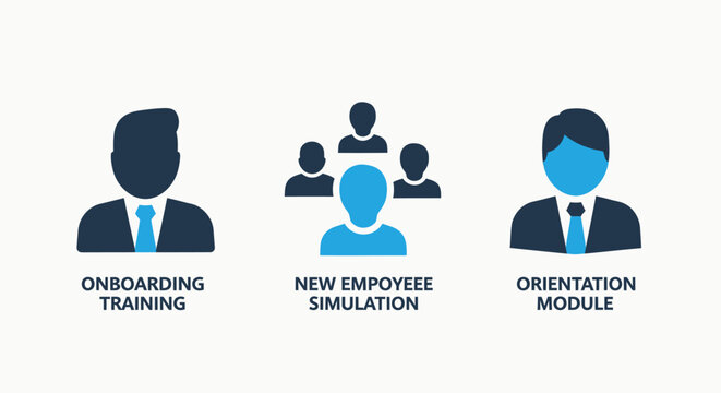 New Employee Training and Onboarding Icons: Orientation Modules, Staff Simulation, and Corporate Development Programs