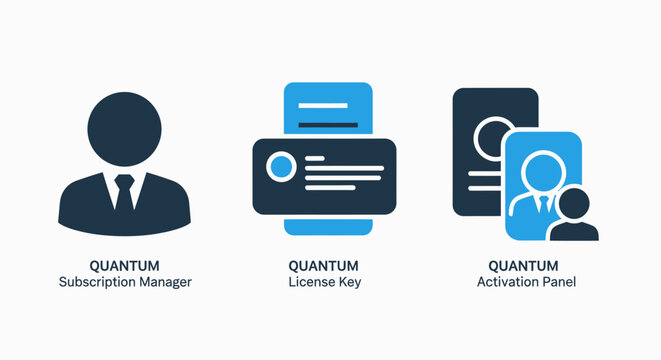 Quantum Software Management Icons: Subscription Manager, License Keys, and Activation Panels for Secure Access