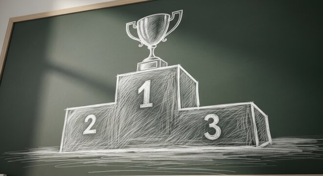 Chalk sketch of winner's podium with trophy atop, numbers 1, 2, 3 shown