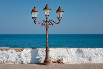 A serene view of the coast, highlighted by a vintage streetlamp, is set against a clear blue sky and the sea horizon
