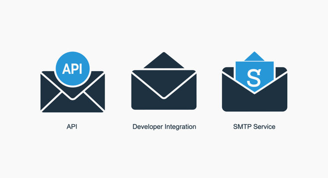 API, Developer Integration, and SMTP Service Icons for Email Programming, Backend Services, and Software Development