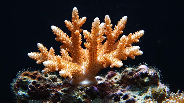 Vibrant orange branching coral on reef rock underwater