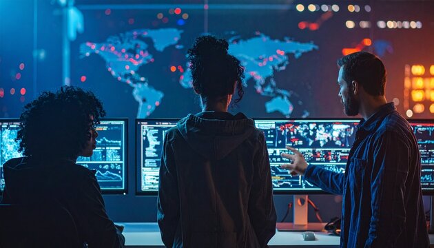 Diverse team of analysts in a modern command center monitoring global data on large screens