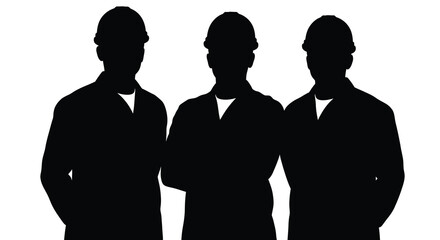Three construction workers stand side by side their forms depicted as a striking black silhouette high quality professional detailed modern elegant © Pvect02