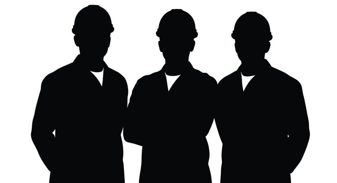 Three construction workers stand side by side their forms depicted as a striking black silhouette high quality professional detailed modern elegant