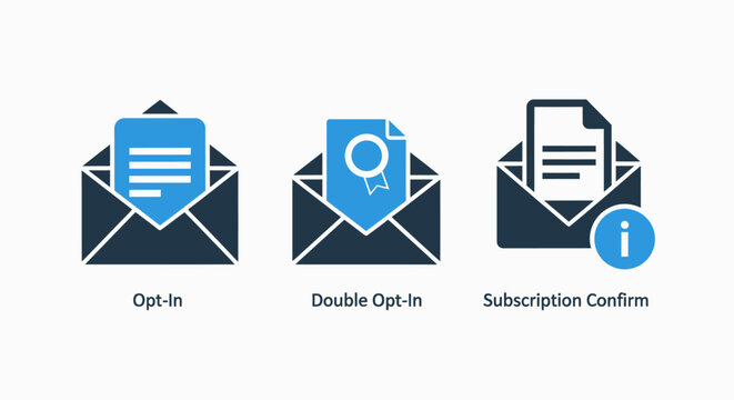 Email marketing icons set for opt-in and subscription confirmation process featuring envelopes and certification symbols