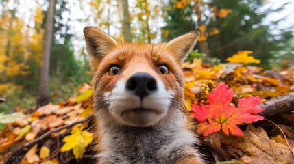Fototapeta premium Close-Up View of a Fox in an Autumn Forest Surrounded by Colorful Leaves