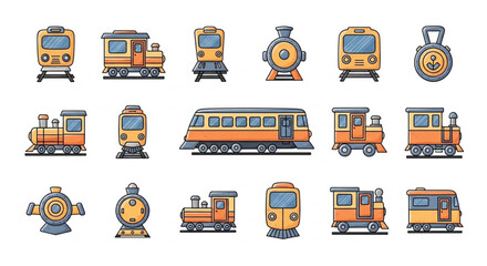 Collection of cartoon train icons and symbols. © linda