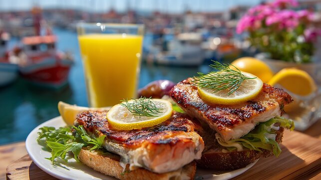 Grilled Turkish fish sandwich balik ekmek lemon served at harbor with fishing boats fresh breezy marine mood