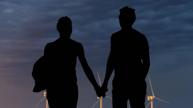 Romantic Silhouette of Couple Holding Hands with Wind Turbines at Dusk for Love and Sustainable Future Concept