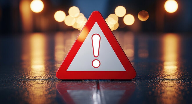 Warning triangle sign with exclamation mark standing on wet asphalt with bokeh city lights reflecting on surface creating caution alert and safety awareness notification
