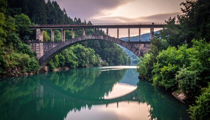 Fototapeta premium Scenic arched bridge reflecting in the green water of lake in nature surrounded by lush trees under cloudy sky at sunset