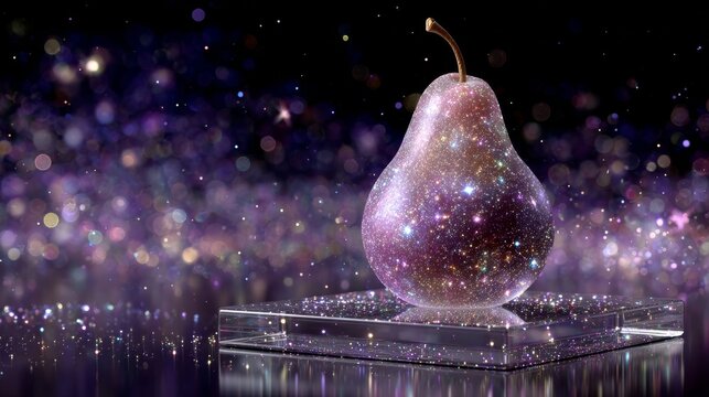 A pear rendered in a futuristic style, adorned with a galaxy texture, perches on a liquid pedestal that emits magical stardust