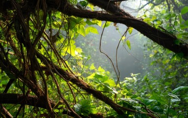 Fototapeta premium Serene Forest Scene at Dawn with Muted Light Through Lush Green Foliage