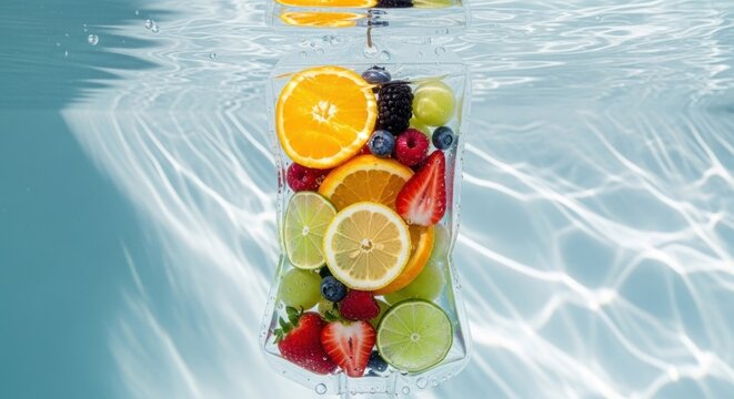 Fruity infusion bag submerged in shimmering water, a refreshing visual