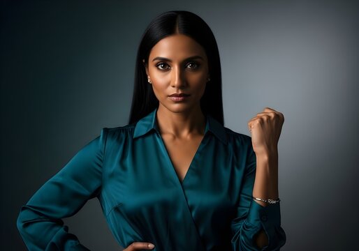 Confident Indian Woman in Teal Silk Blouse with Determined Gaze and Strong Posture