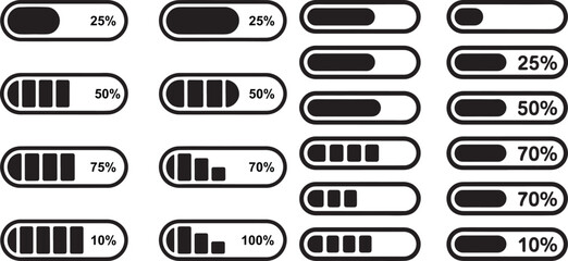 Obraz premium Collection of various black and white progress bars and loading indicators showing different percentages