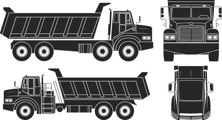Dump truck construction vehicle set with side, front and top views, heavy duty tipper transport for mining and building industry vector illustration © Sophia Creatives