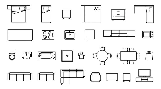 Kitchen and Living Room Furniture Icons Top View &ndash; Interior Floor Plan Line Symbols