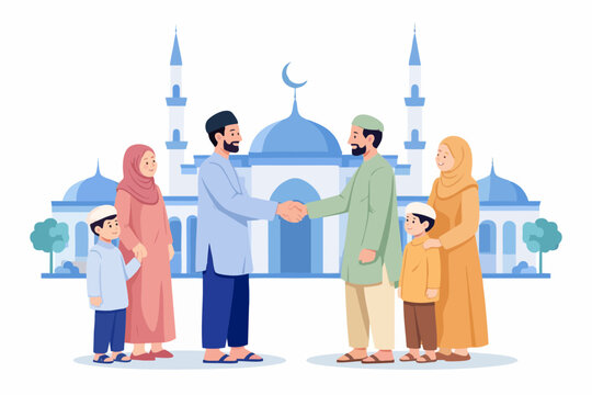 Muslim community greeting each other near mosque during Islamic celebration.