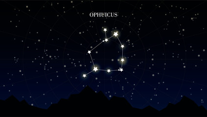 Ophuicus zodiac constellation on a dark night sky background with stars, astrology, astronomy vector design elements © Evelin