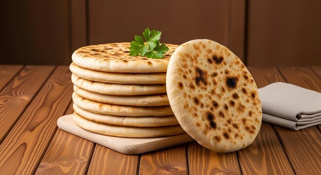 Stack of traditional indian flatbreads rotichapatinaan served on a wooden table with garnish