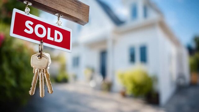 Sold Keys to New Beginnings: A set of house keys hangs in front of a house, a SOLD sign announcing the successful sale. Capturing the essence of homeownership and the joy of a new chapter.