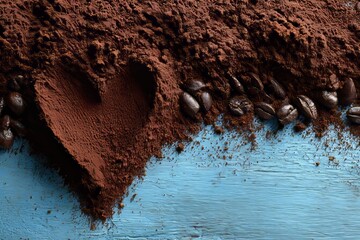 Heart‑shaped object with a coarse red texture set upon a blue wooden background