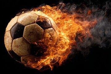 Fototapeta premium Dynamic sports imagery featuring a soccer ball enveloped in flames and smoke on a dark background