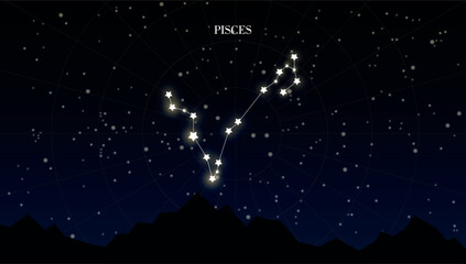 Pisces zodiac constellation on a dark night sky background with stars, astrology, astronomy vector design elements © Evelin