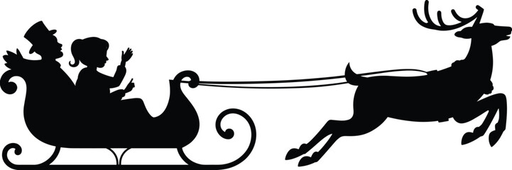 Santa Claus sleigh with reindeer silhouette, Christmas holiday scene with waving child passenger isolated on white background festive winter illustration © Sophia Creatives