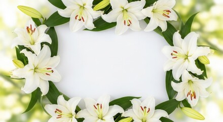 Fototapeta premium Lily bloom border White lilies encircle a white space on a blurred green background